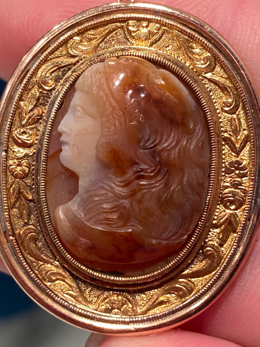 Hercule Jeune Portant La  peau du lion de Némée, Camée Agate Fin Du XVIII, Broche En Or-photo-2