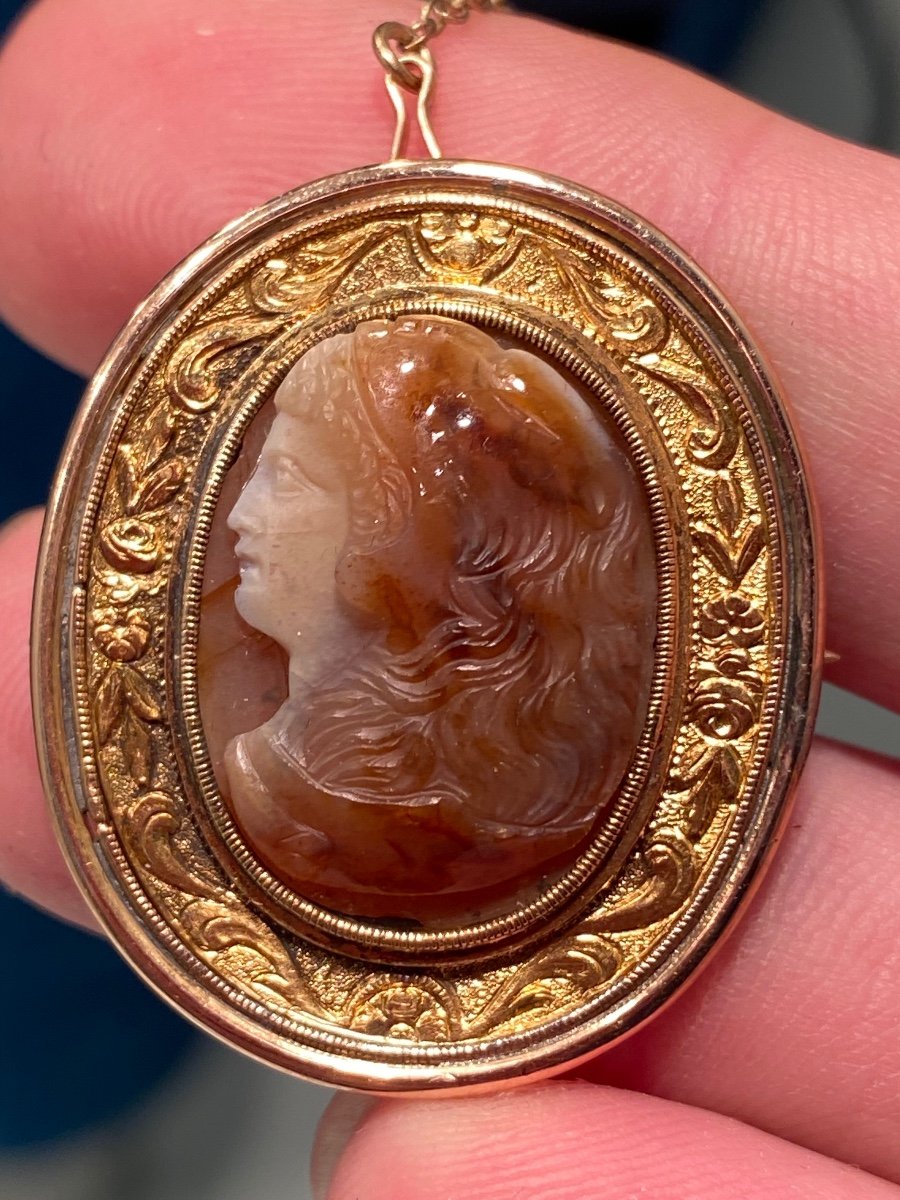 Hercule Jeune Portant La  peau du lion de Némée, Camée Agate Fin Du XVIII, Broche En Or-photo-3