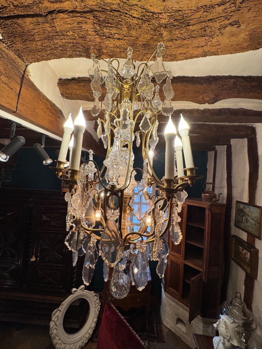 Important Lustre Cage En Bronze à Pampilles De Verre Et De Cristal Fin Du XIX Eme Siècle -photo-3