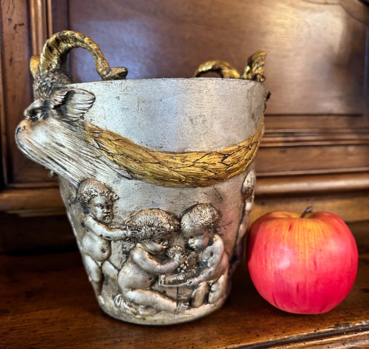 Cast Iron Champagne Bucket With Bacchanalian Decor 1900-photo-2