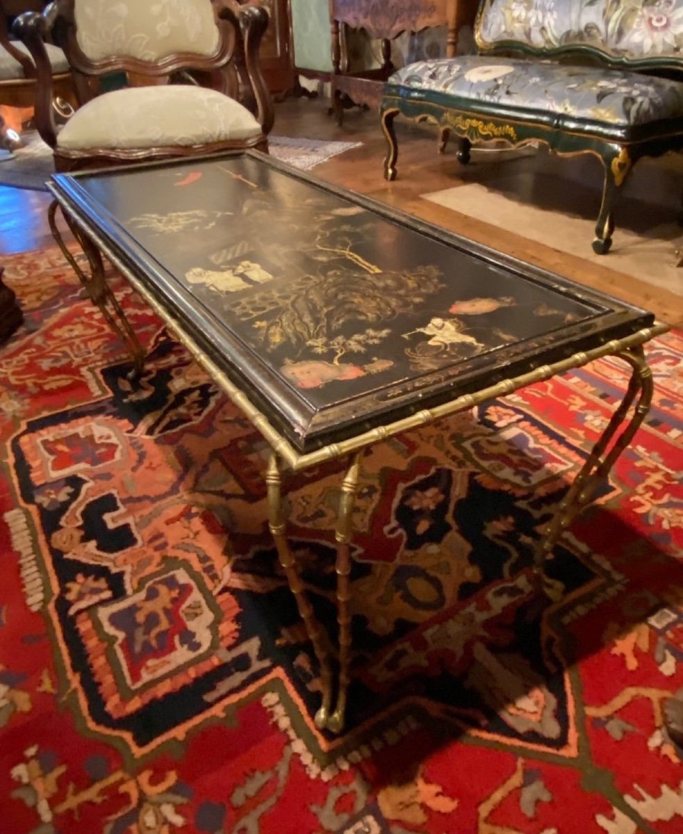 Table De Salon Attribuée à Bagues Au Plateau En Laque De Chine Et Piétement Bambou