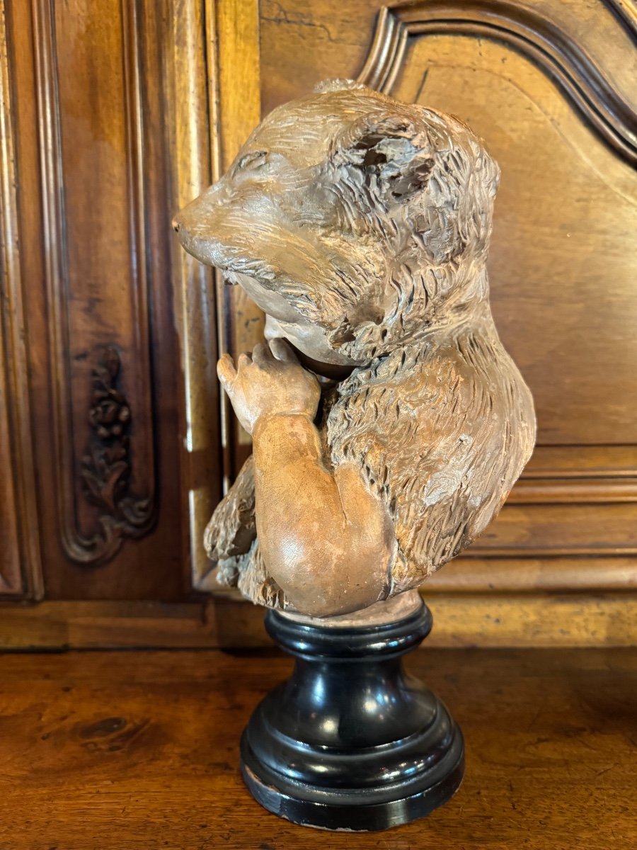 Buste En Terre Cuite : Petite Fille Coiffée D’une Peau De Renard, Inspirée Des Contes Du XIX Em-photo-6
