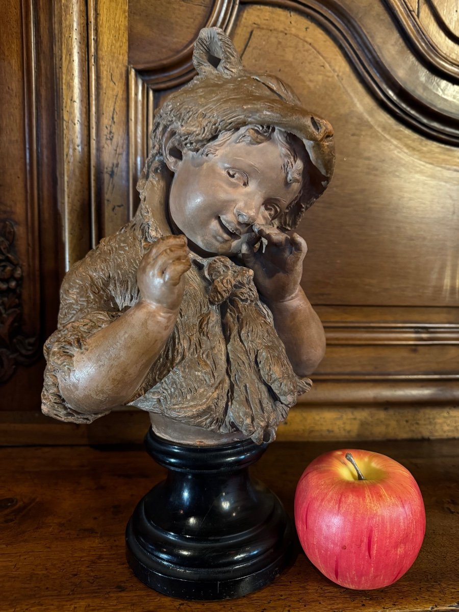 Buste En Terre Cuite : Petite Fille Coiffée D’une Peau De Renard, Inspirée Des Contes Du XIX Em-photo-7