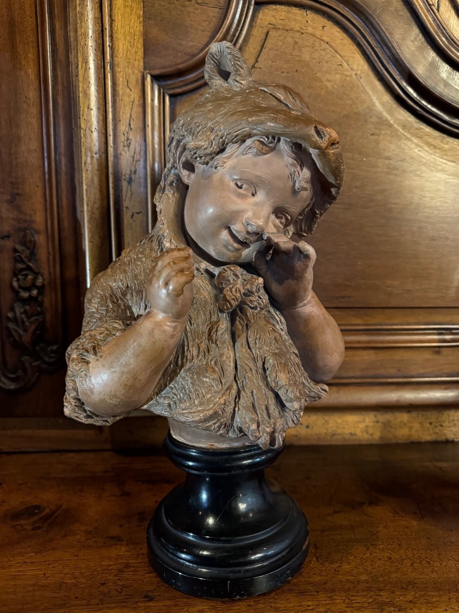 Buste En Terre Cuite : Petite Fille Coiffée D’une Peau De Renard, Inspirée Des Contes Du XIX Em-photo-8