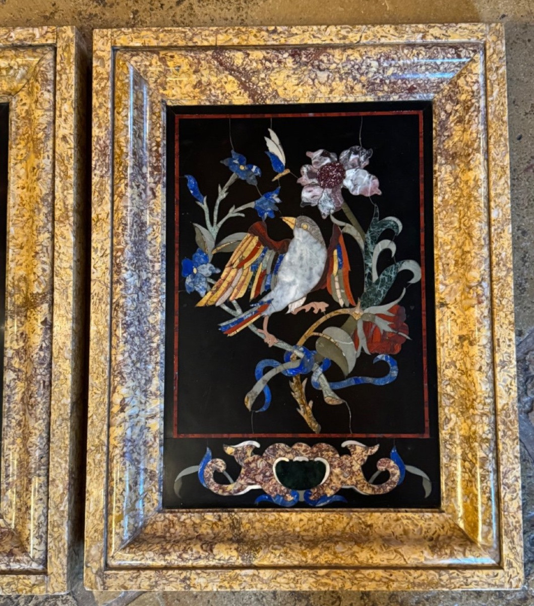 Grande Paire De Tableaux En Marqueterie De Marbre : Oiseaux, XIX Eme Siècle -photo-3