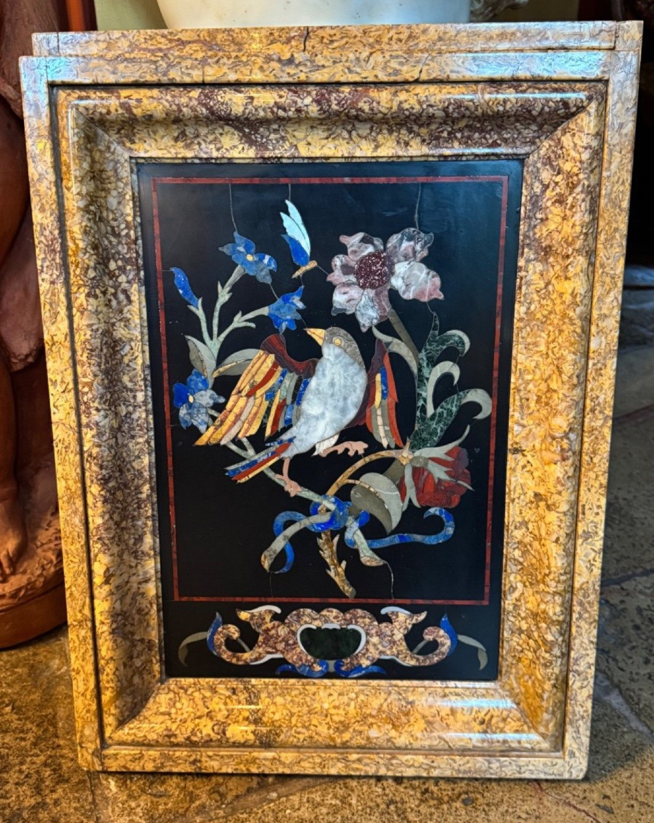 Grande Paire De Tableaux En Marqueterie De Marbre : Oiseaux, XIX Eme Siècle -photo-5