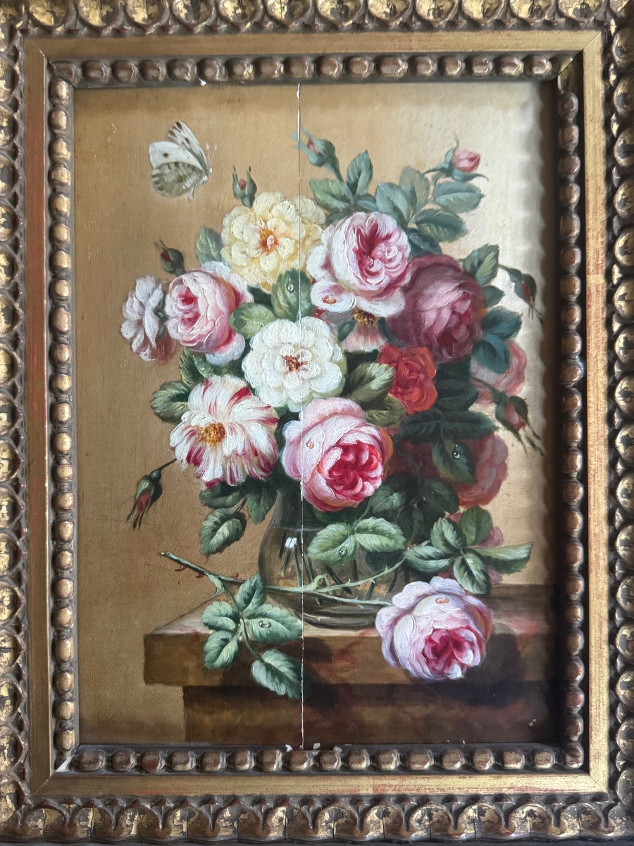 Bouquet De Roses, Huile Sur Panneau Du XIX Eme Siècle -photo-3