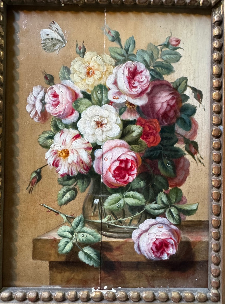 Bouquet De Roses, Huile Sur Panneau Du XIX Eme Siècle -photo-1