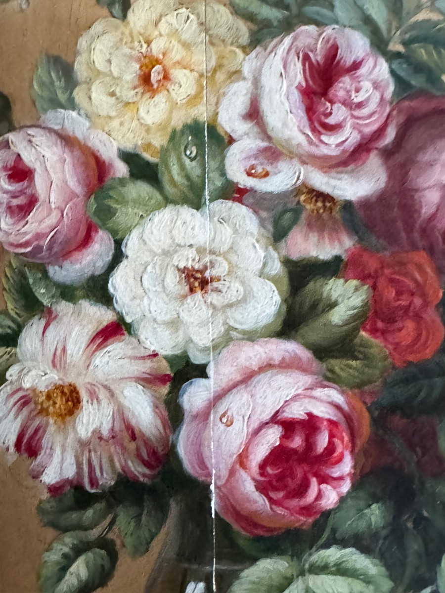 Bouquet De Roses, Huile Sur Panneau Du XIX Eme Siècle -photo-3