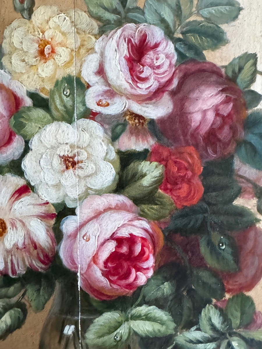 Bouquet De Roses, Huile Sur Panneau Du XIX Eme Siècle -photo-6