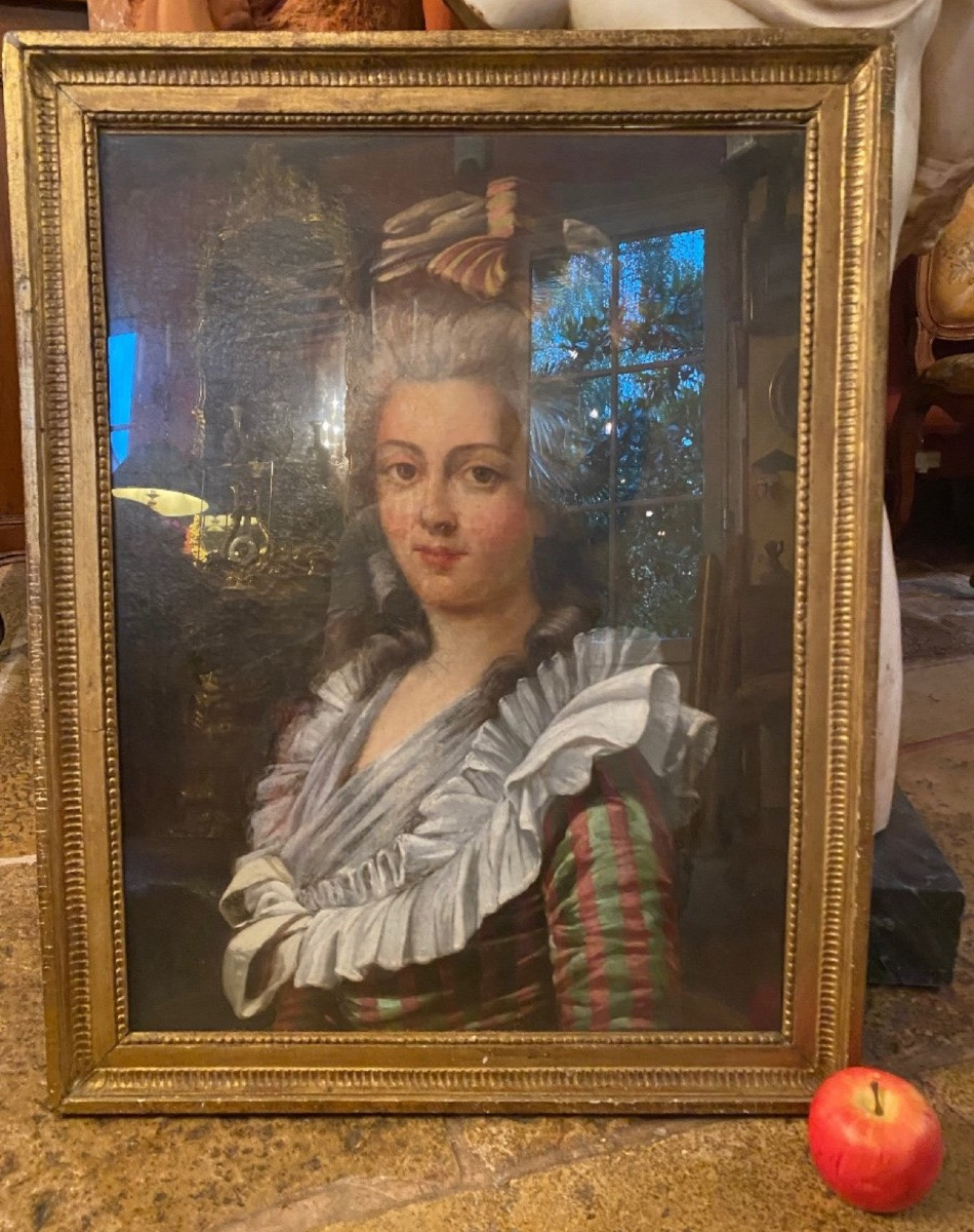 Grand Portrait De Dame De Qualité En Robe à La Française Du XVIII Eme Siècle-photo-2