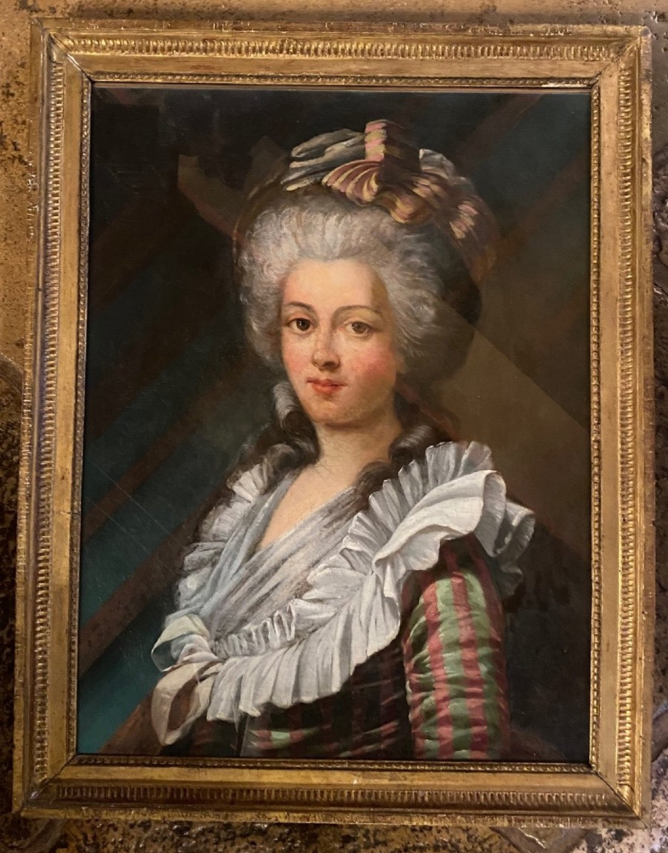 Grand Portrait De Dame De Qualité En Robe à La Française Du XVIII Eme Siècle-photo-3