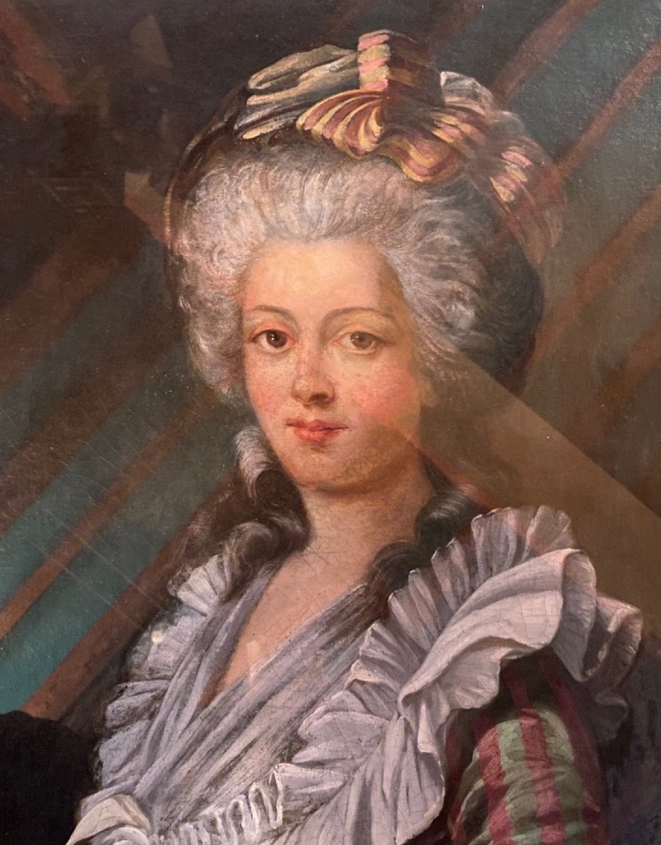 Grand Portrait De Dame De Qualité En Robe à La Française Du XVIII Eme Siècle-photo-2
