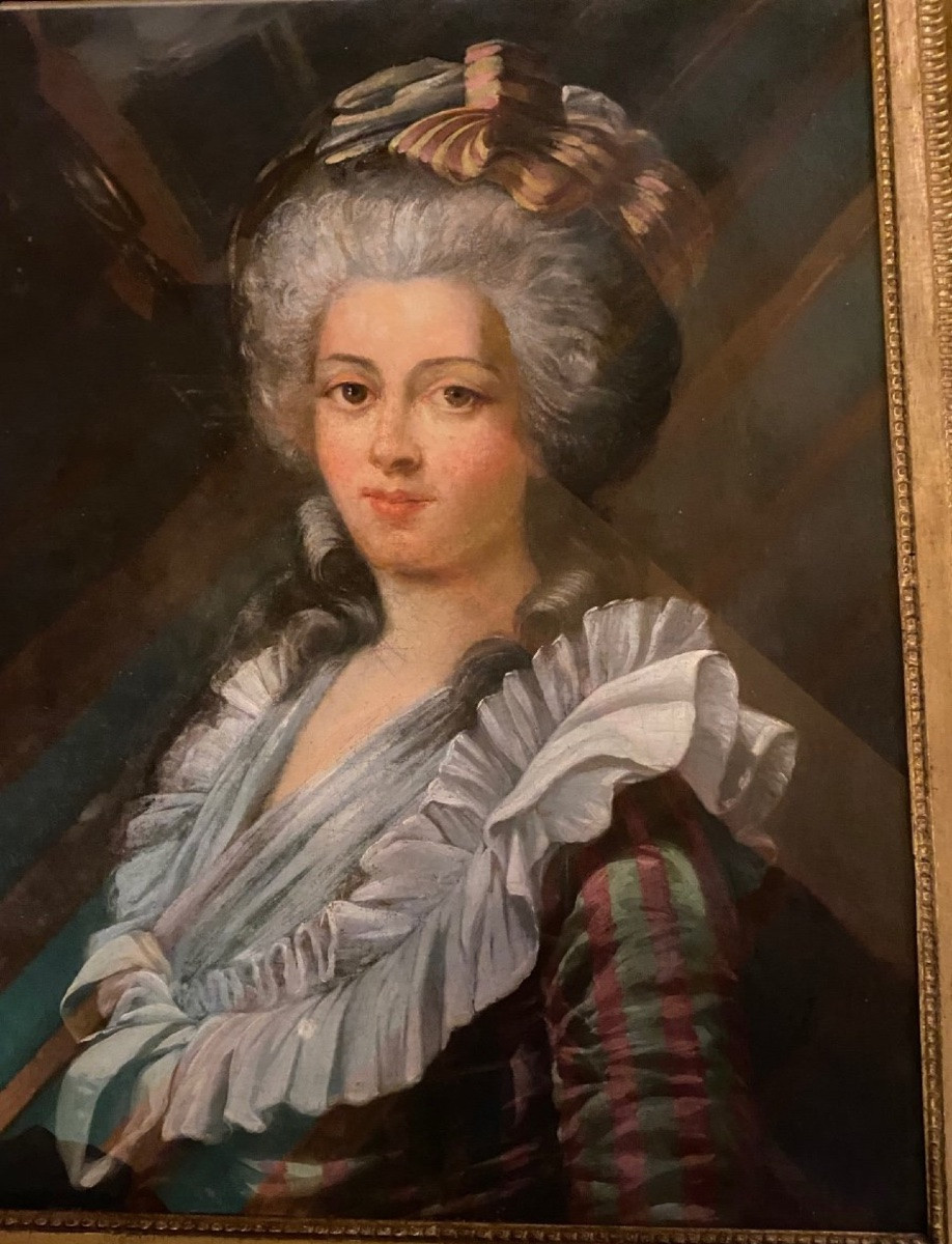 Grand Portrait De Dame De Qualité En Robe à La Française Du XVIII Eme Siècle-photo-3