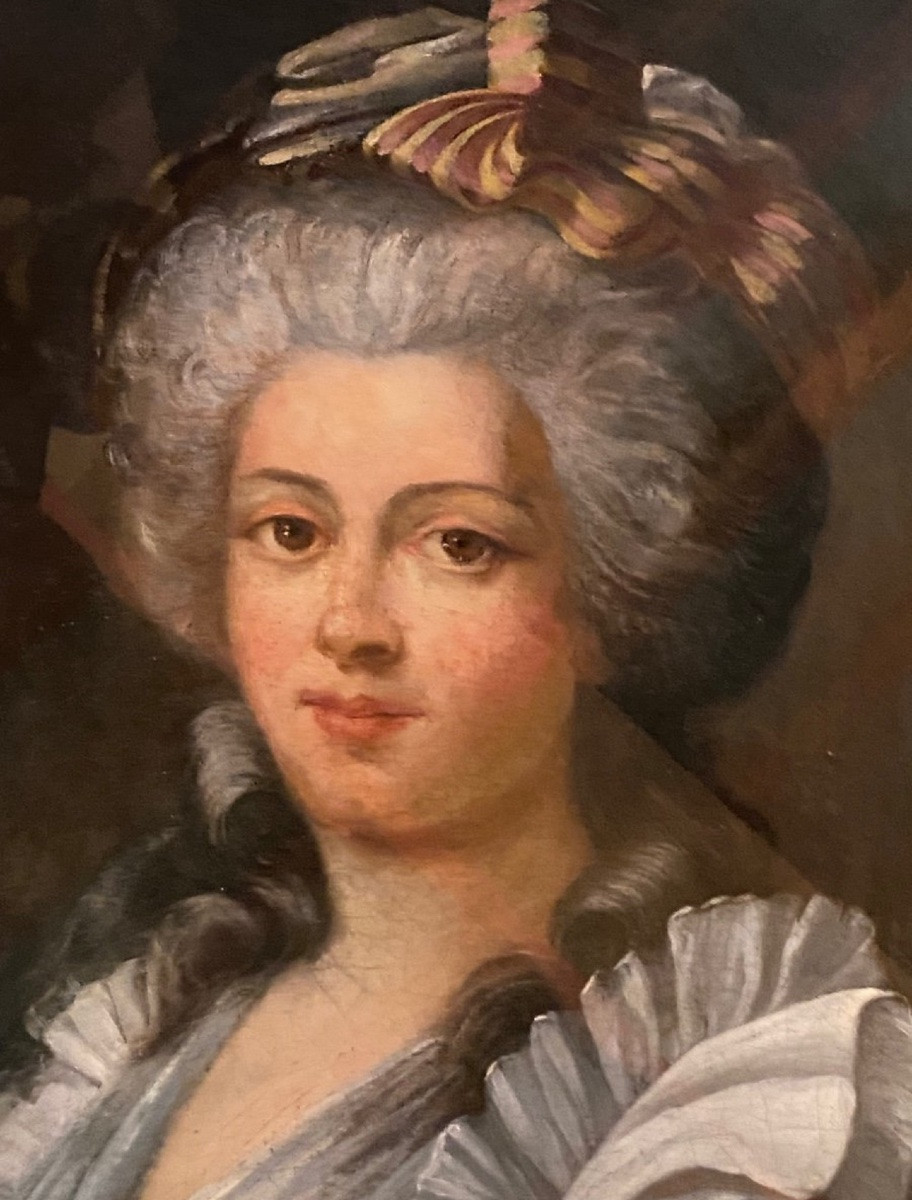 Grand Portrait De Dame De Qualité En Robe à La Française Du XVIII Eme Siècle-photo-8