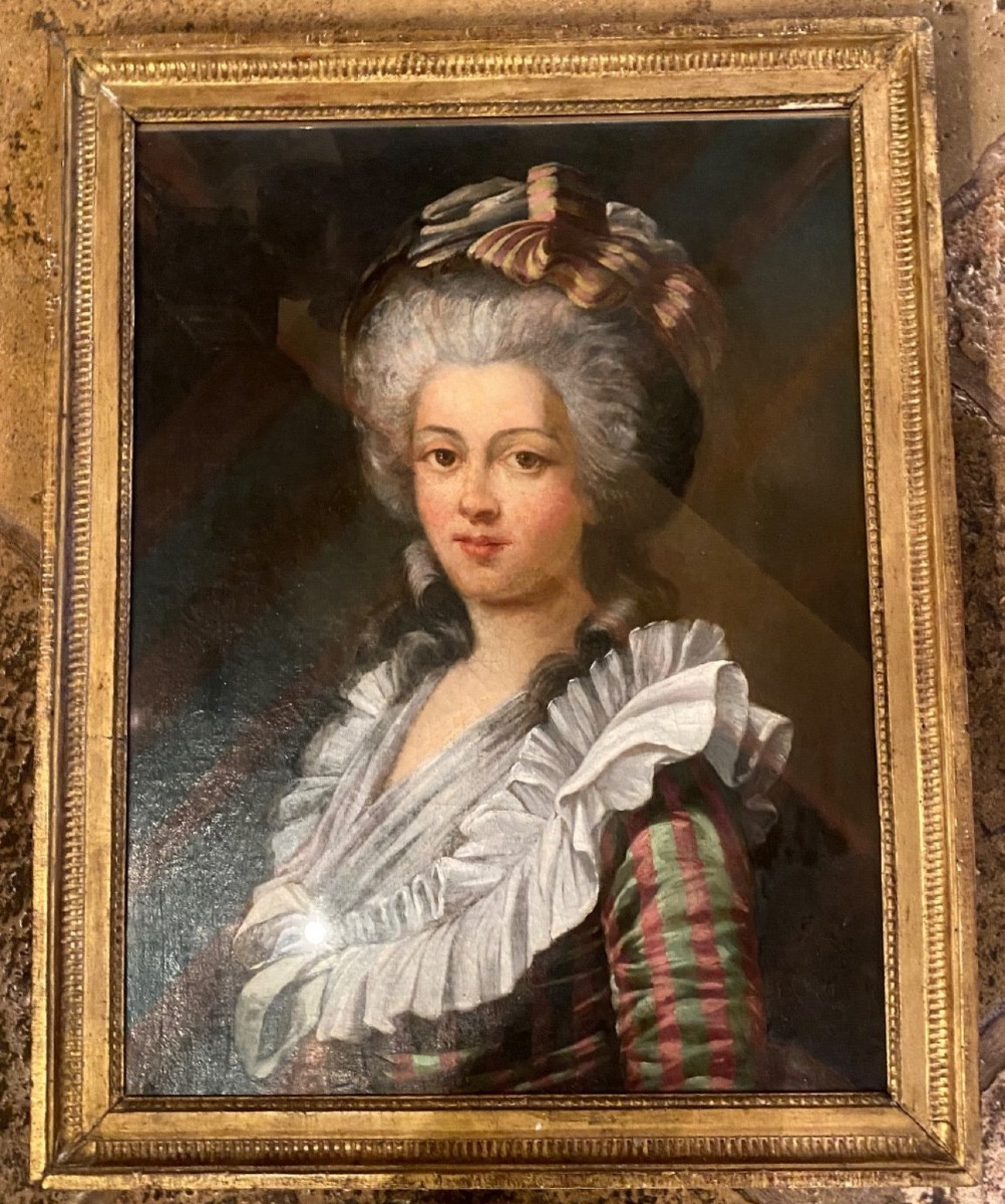 Grand Portrait De Dame De Qualité En Robe à La Française Du XVIII Eme Siècle