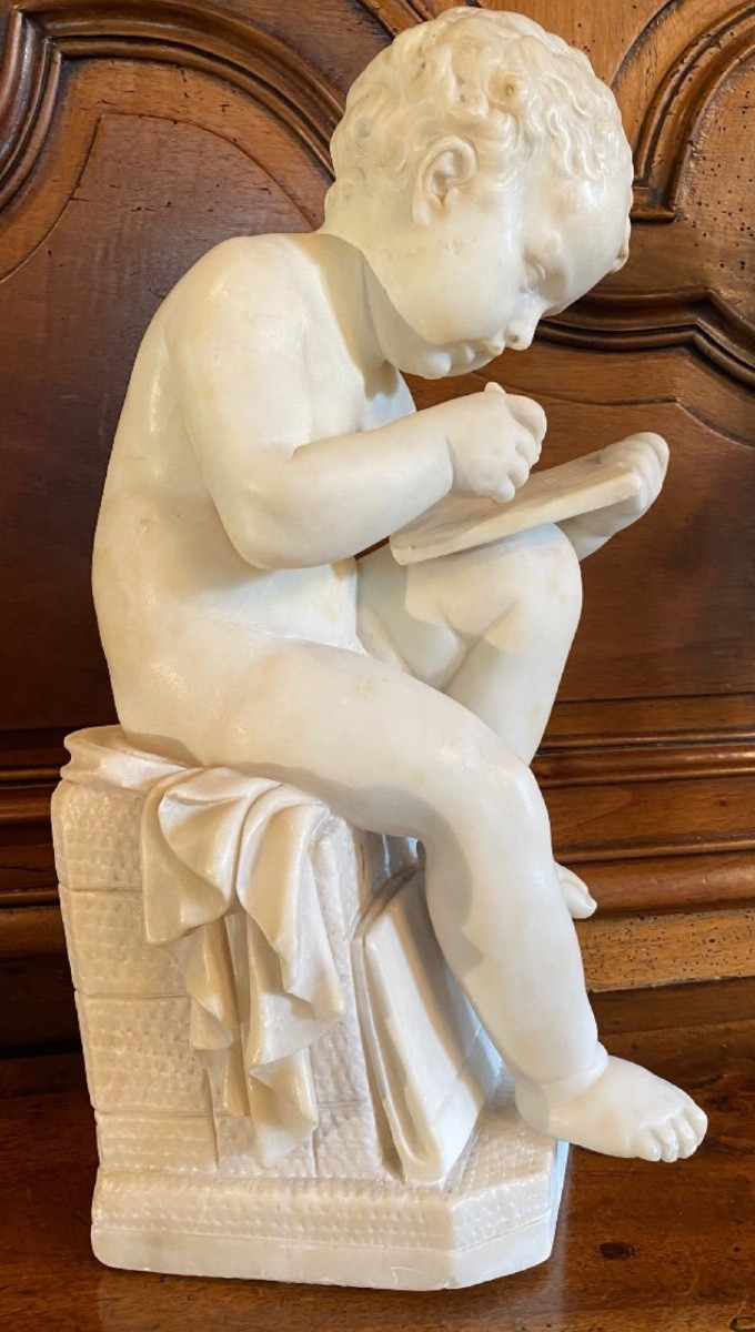 The Little Scribe In Carrara Marble After Canova, 19th Century-photo-5