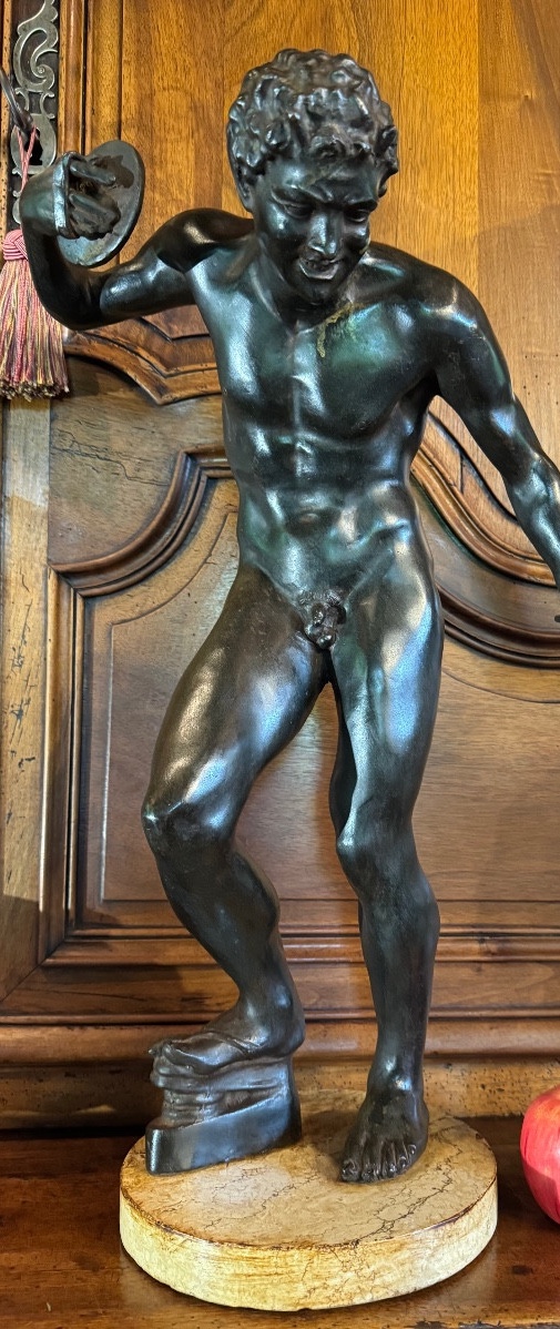 Grand Bronze Du Faunes Aux Cymbales, Patine Verte De Fouille.
