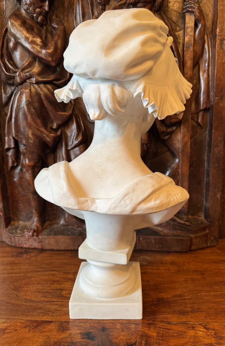 Ernesto Troili, Grand Buste En Biscuit De Porcelaine XIXe, Jeune Femme Rêveuse Au Bonnet-photo-5