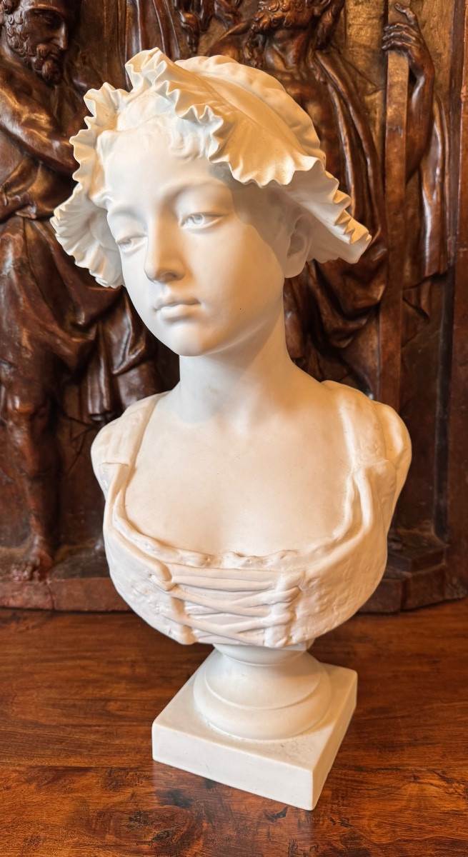 Ernesto Troili, Grand Buste En Biscuit De Porcelaine XIXe, Jeune Femme Rêveuse Au Bonnet