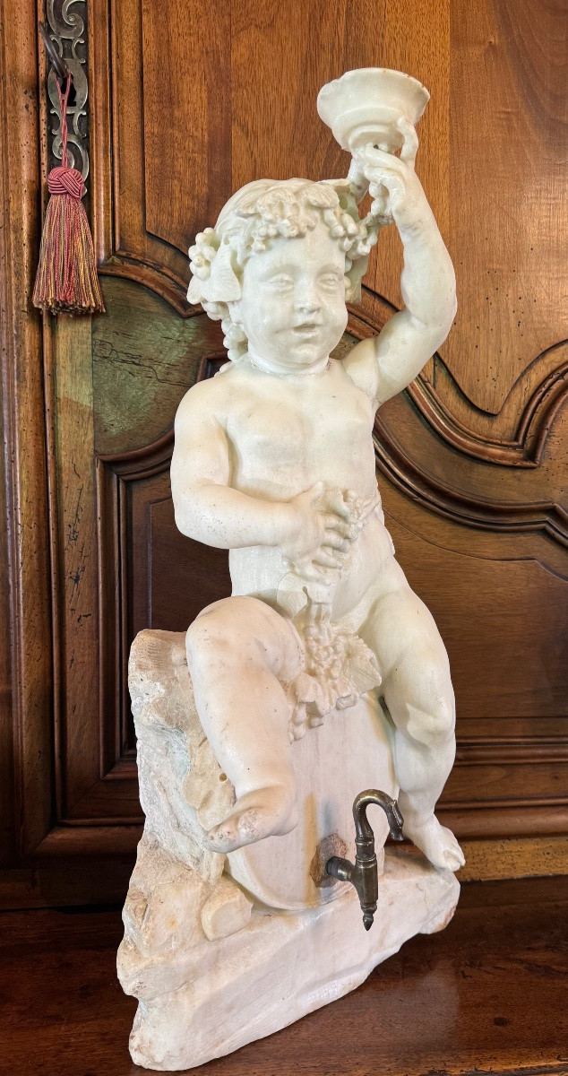 Fontaine à Vin D’intérieur En Marbre: Bacchus Enfant Sur Un Tonneau XIX Eme Siècle -photo-2