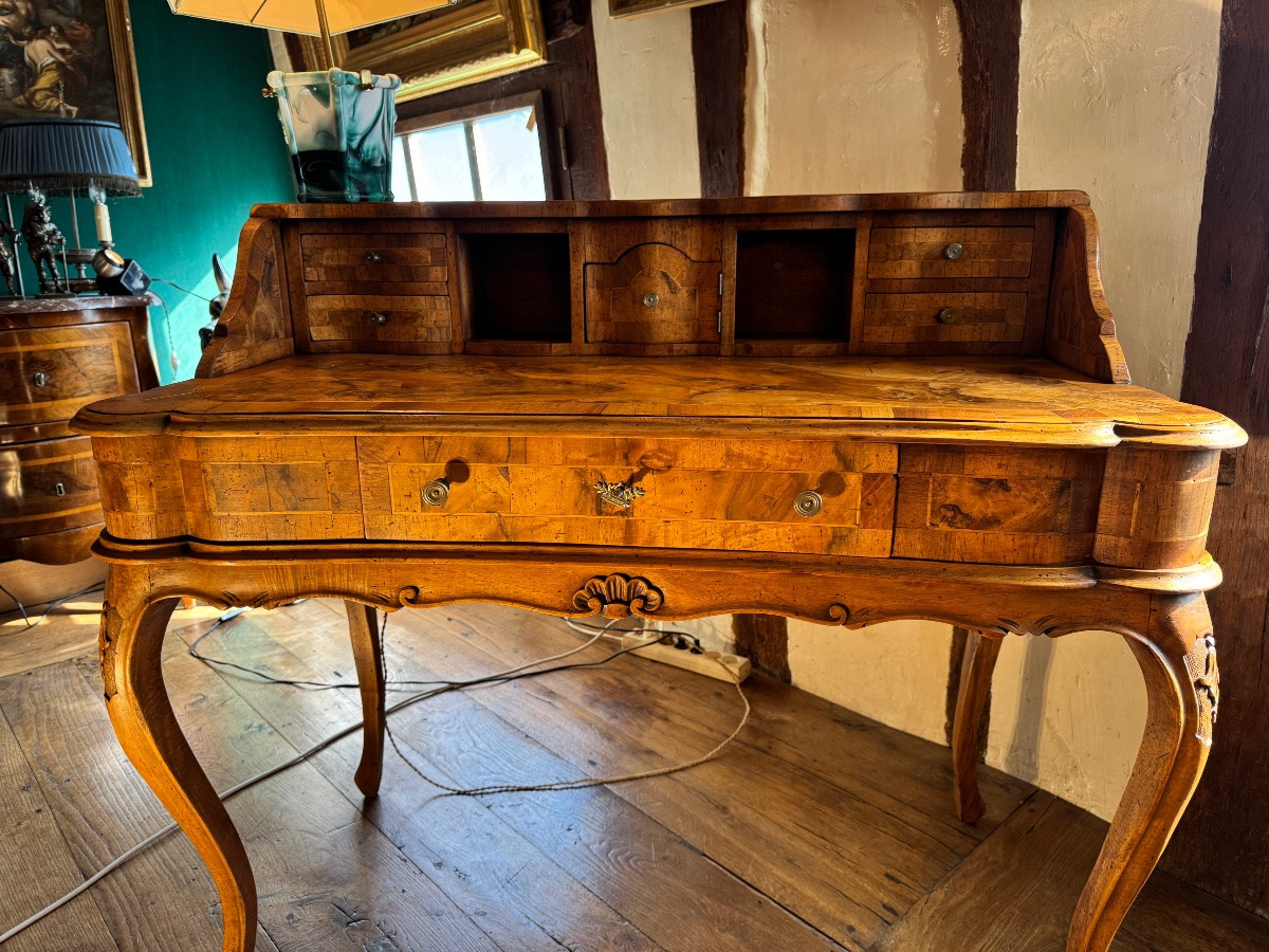 Bureau à Gradin De Style Louis XV En Loupe De Noyer, XIX Eme Siècle -photo-8