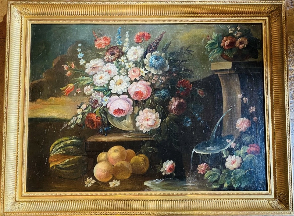 Grande Nature Morte à La Composition Florale Et Aux Fruits Près D’une Fontaine, XIX Eme Siècle -photo-4