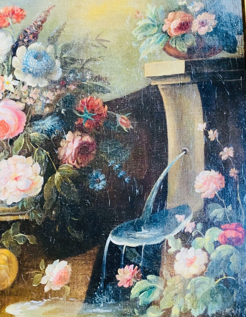 Grande Nature Morte à La Composition Florale Et Aux Fruits Près D’une Fontaine, XIX Eme Siècle -photo-3