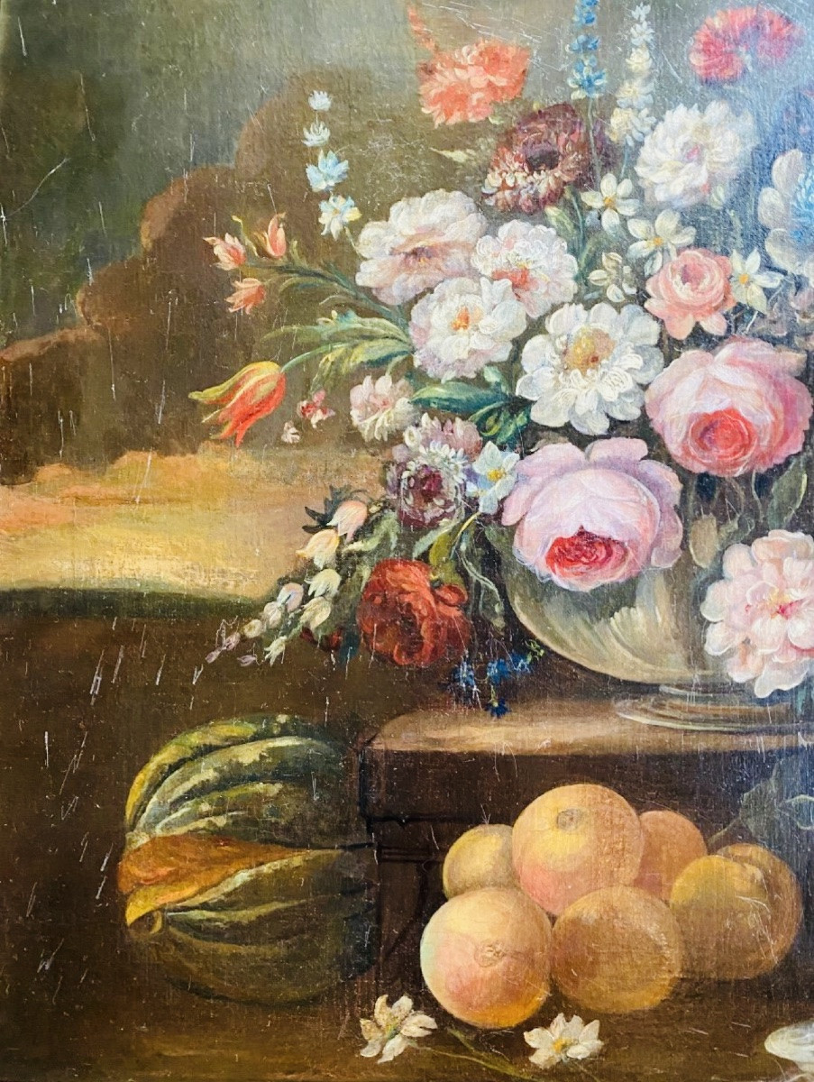 Grande Nature Morte à La Composition Florale Et Aux Fruits Près D’une Fontaine, XIX Eme Siècle -photo-6