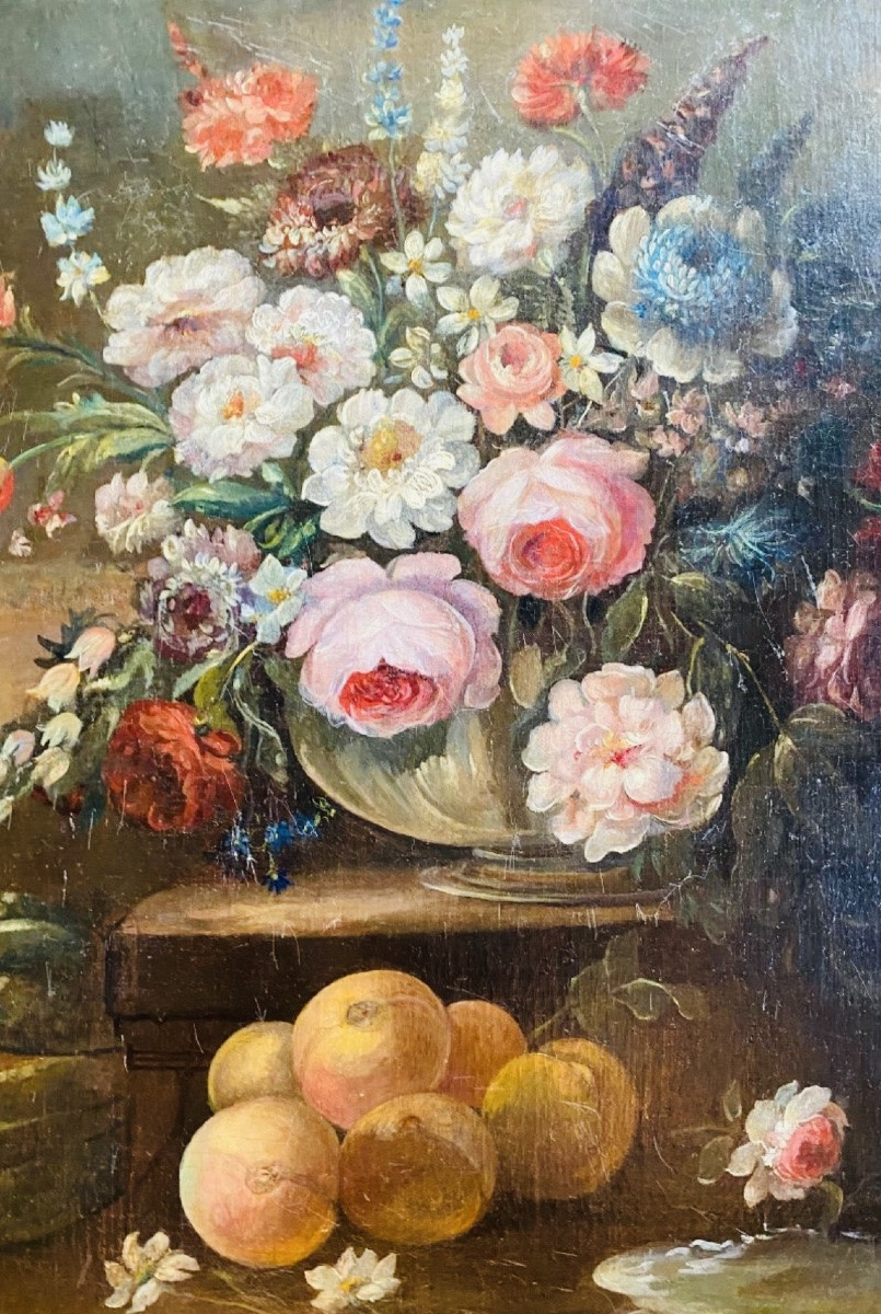 Grande Nature Morte à La Composition Florale Et Aux Fruits Près D’une Fontaine, XIX Eme Siècle -photo-7