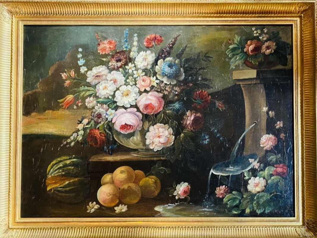 Grande Nature Morte à La Composition Florale Et Aux Fruits Près D’une Fontaine, XIX Eme Siècle 