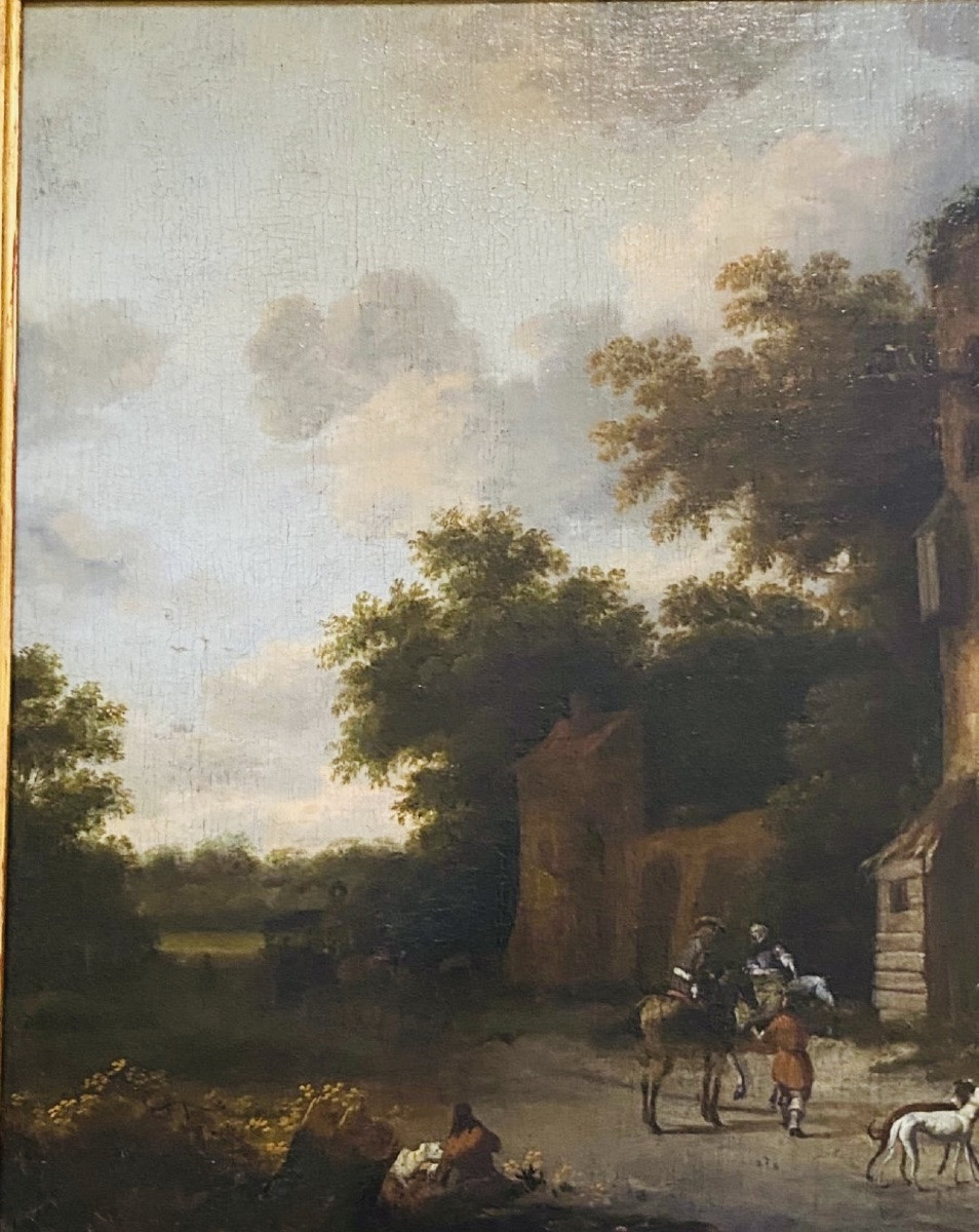 The Stop At The Inn Of The Grande Tour, Large Dutch Oil On Canvas, Early 18th Century-photo-6
