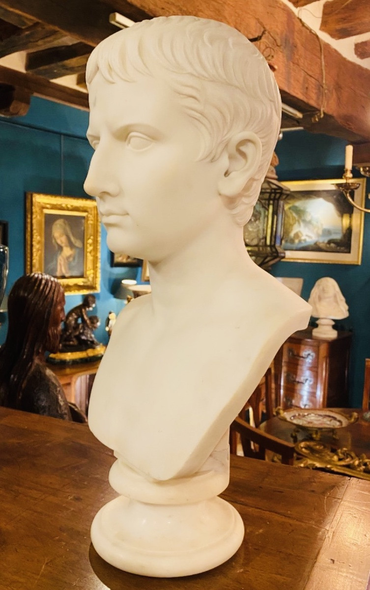Gaius Octavus Or Augustus The Younger, Superb Bust In White Marble Circa 1830-photo-3
