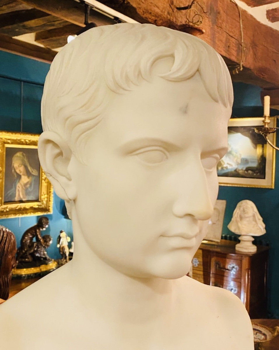 Gaius Octavus Or Augustus The Younger, Superb Bust In White Marble Circa 1830-photo-4