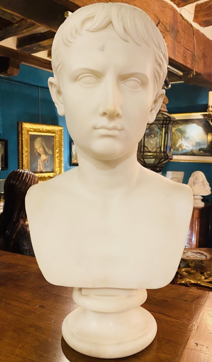 Gaius Octavus Or Augustus The Younger, Superb Bust In White Marble Circa 1830-photo-8