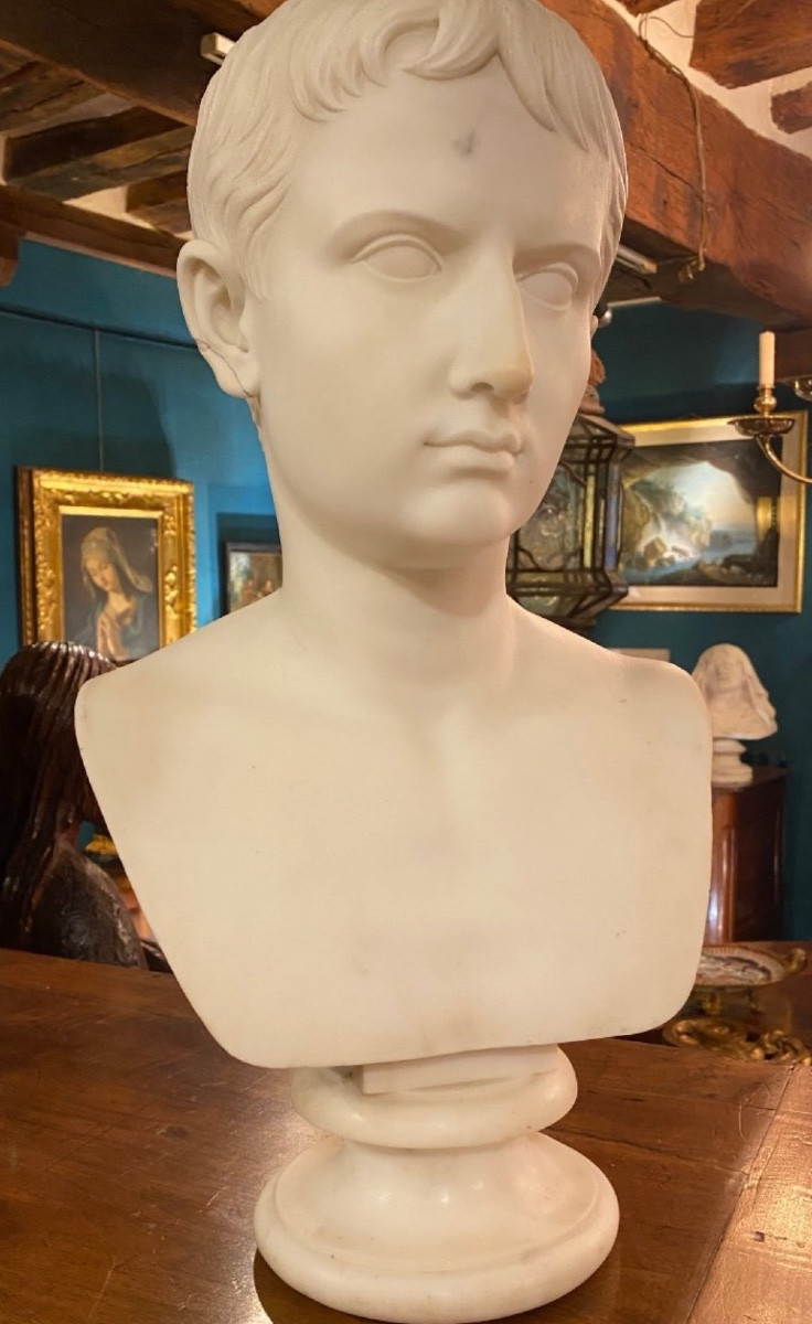 Gaius Octavus Or Augustus The Younger, Superb Bust In White Marble Circa 1830