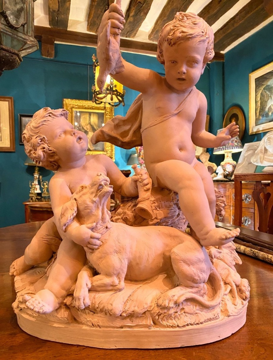 Return From Putti Hunting, Signed Le Brun, Large Terracotta, Late 19th Century 