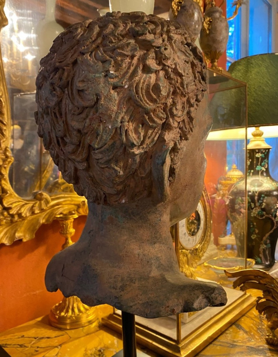 Large Bronze Head Of A Man After The Antique, Excavated Patina-photo-3