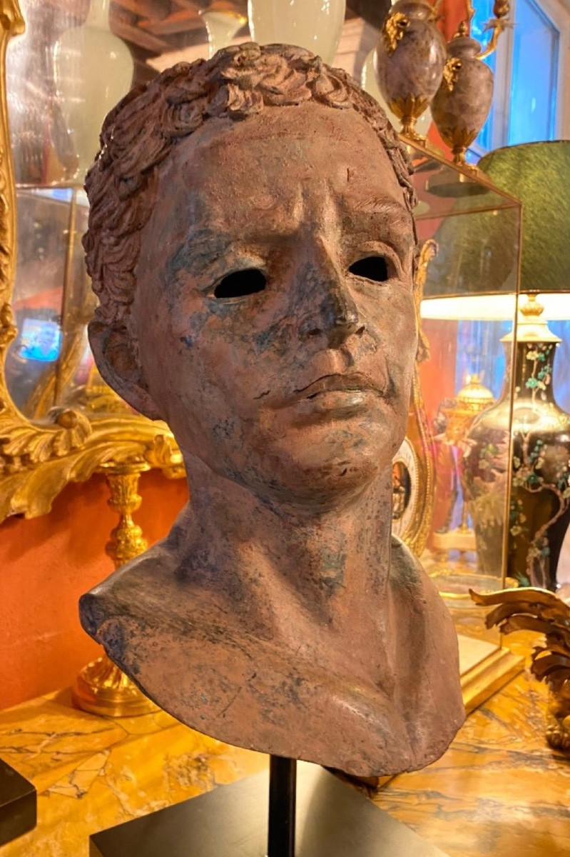 Large Bronze Head Of A Man After The Antique, Excavated Patina-photo-5