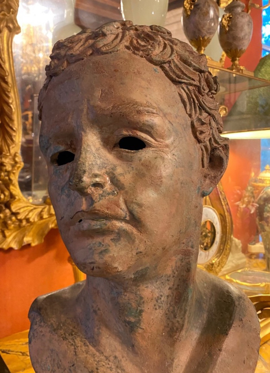 Large Bronze Head Of A Man After The Antique, Excavated Patina-photo-7