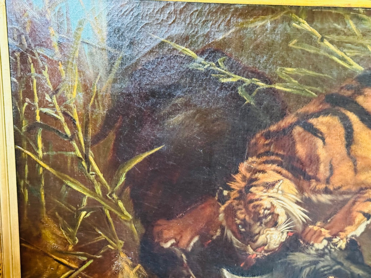 Buffle attaqué par un tigre, imposant tableau naturaliste du XIX eme siècle -photo-1