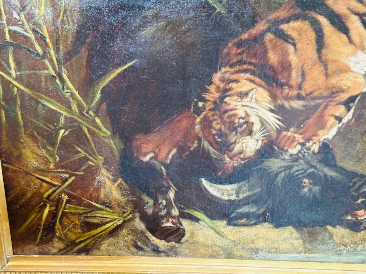 Buffle attaqué par un tigre, imposant tableau naturaliste du XIX eme siècle -photo-2