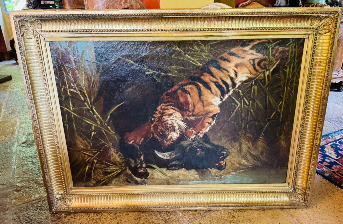 Buffle attaqué par un tigre, imposant tableau naturaliste du XIX eme siècle 