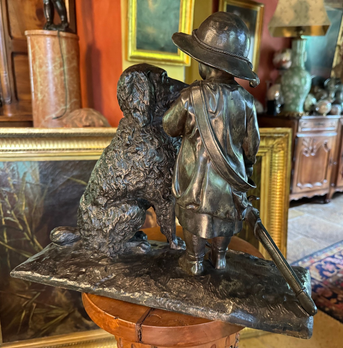 Le dressage , enfant au chien,Grand bronze XIX signé-photo-4