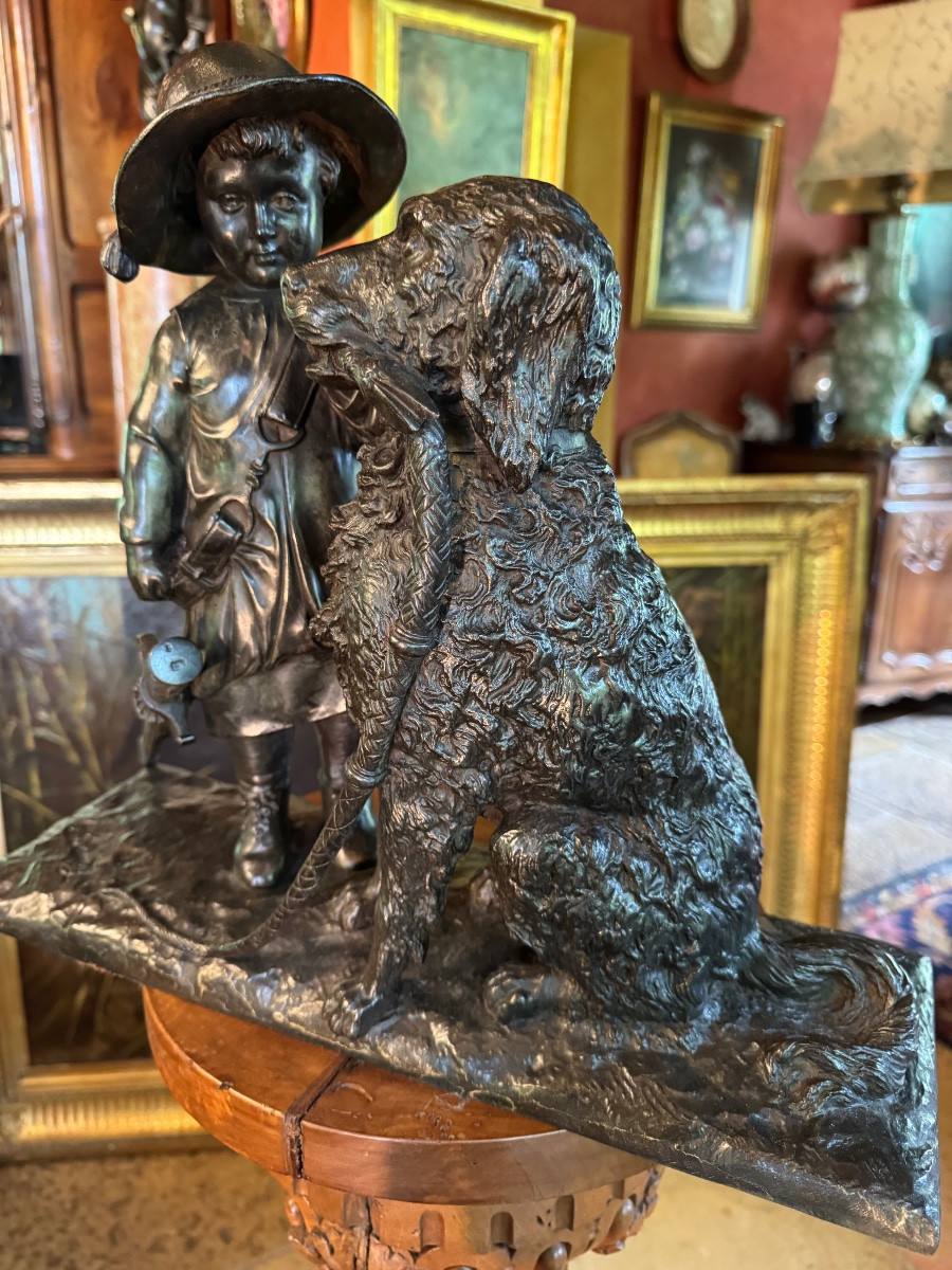 Le dressage , enfant au chien,Grand bronze XIX signé-photo-7