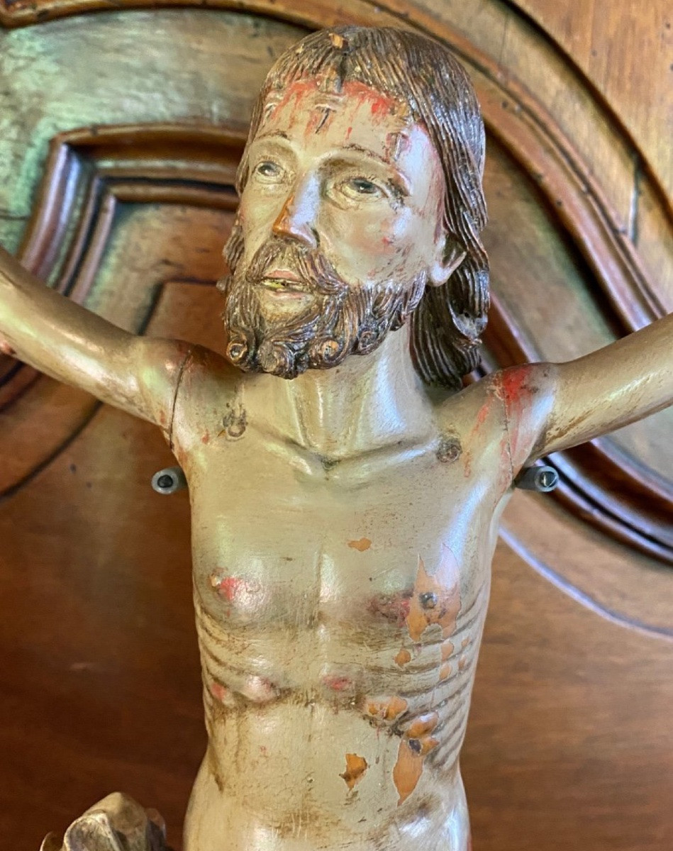 Grand  Christ sanguinolent aux outrages Sculpté Polychrome Hindo Portugais Du XVII Eme Siècle-photo-2