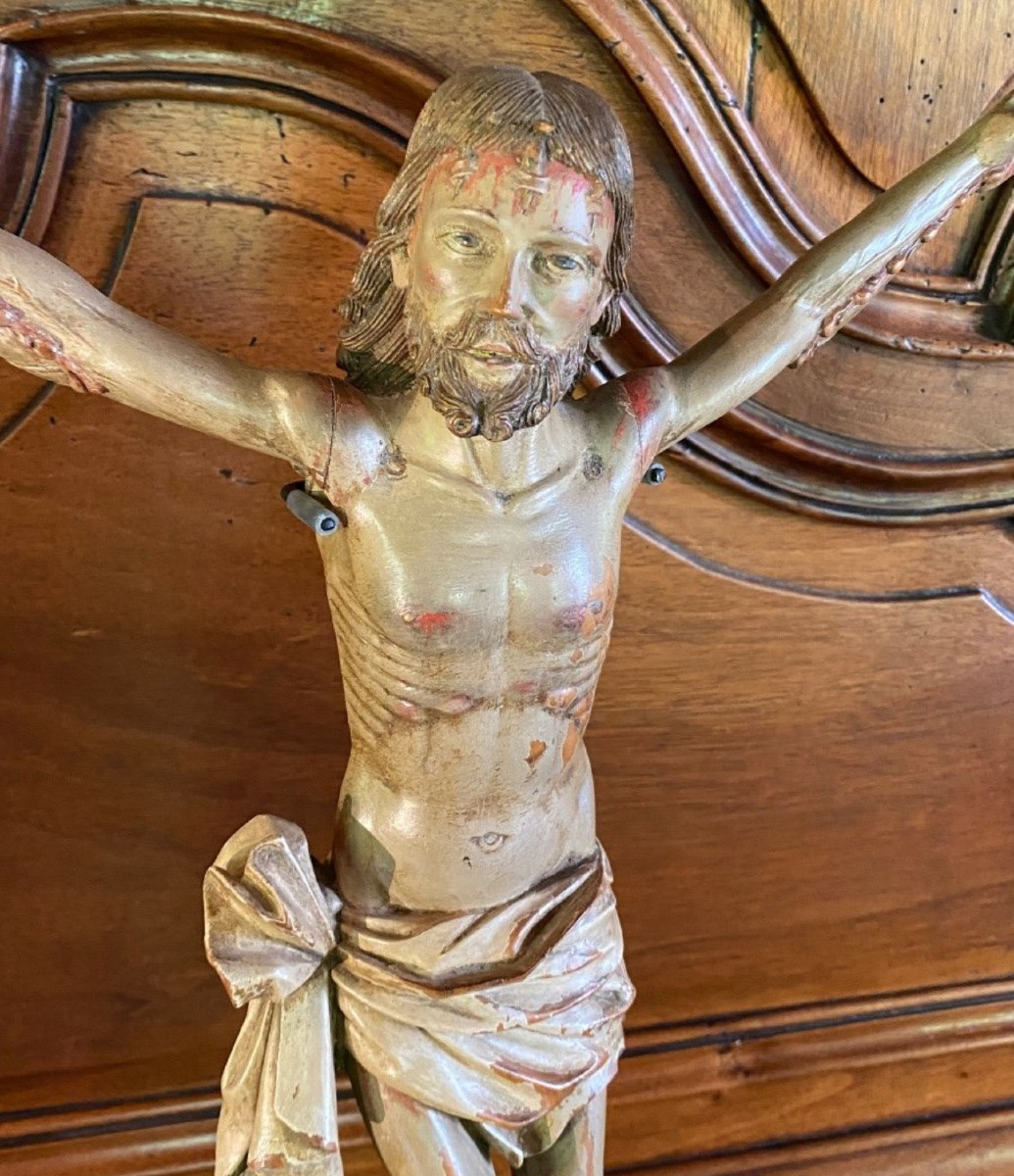 Grand  Christ sanguinolent aux outrages Sculpté Polychrome Hindo Portugais Du XVII Eme Siècle-photo-7