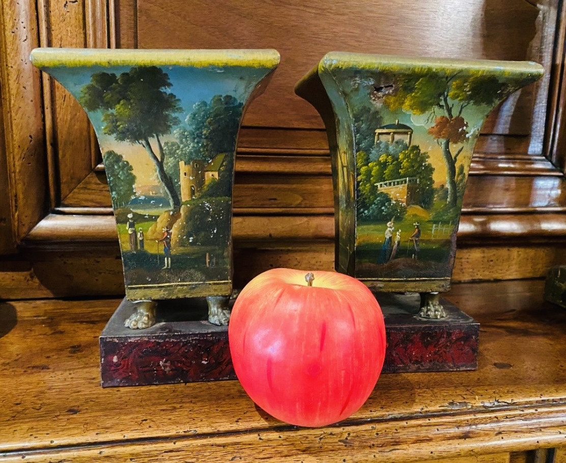 Pair Of Romantic Vases In Painted Sheet Metal From The 19th Century-photo-2