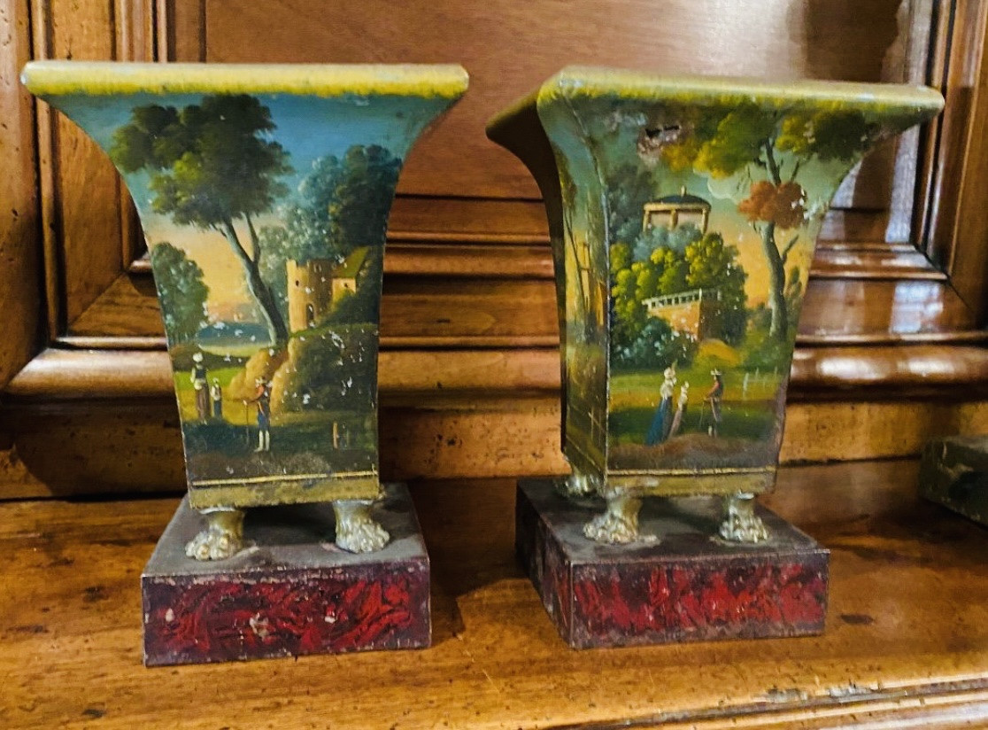 Pair Of Romantic Vases In Painted Sheet Metal From The 19th Century-photo-1