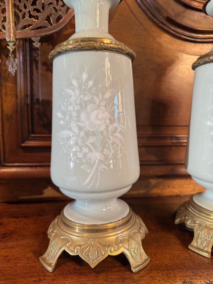 Grande paire de lampes à pétrole Vert céladon Napoléon III -photo-6